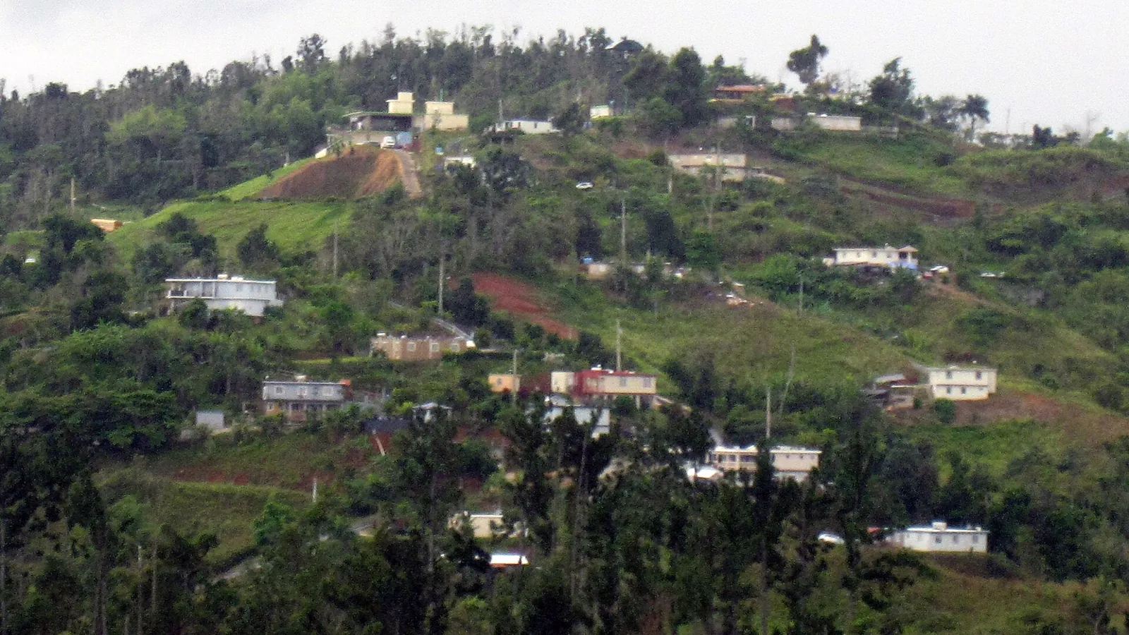 Casas dispersas en una ladera verde de la montaña de Puerto Rico